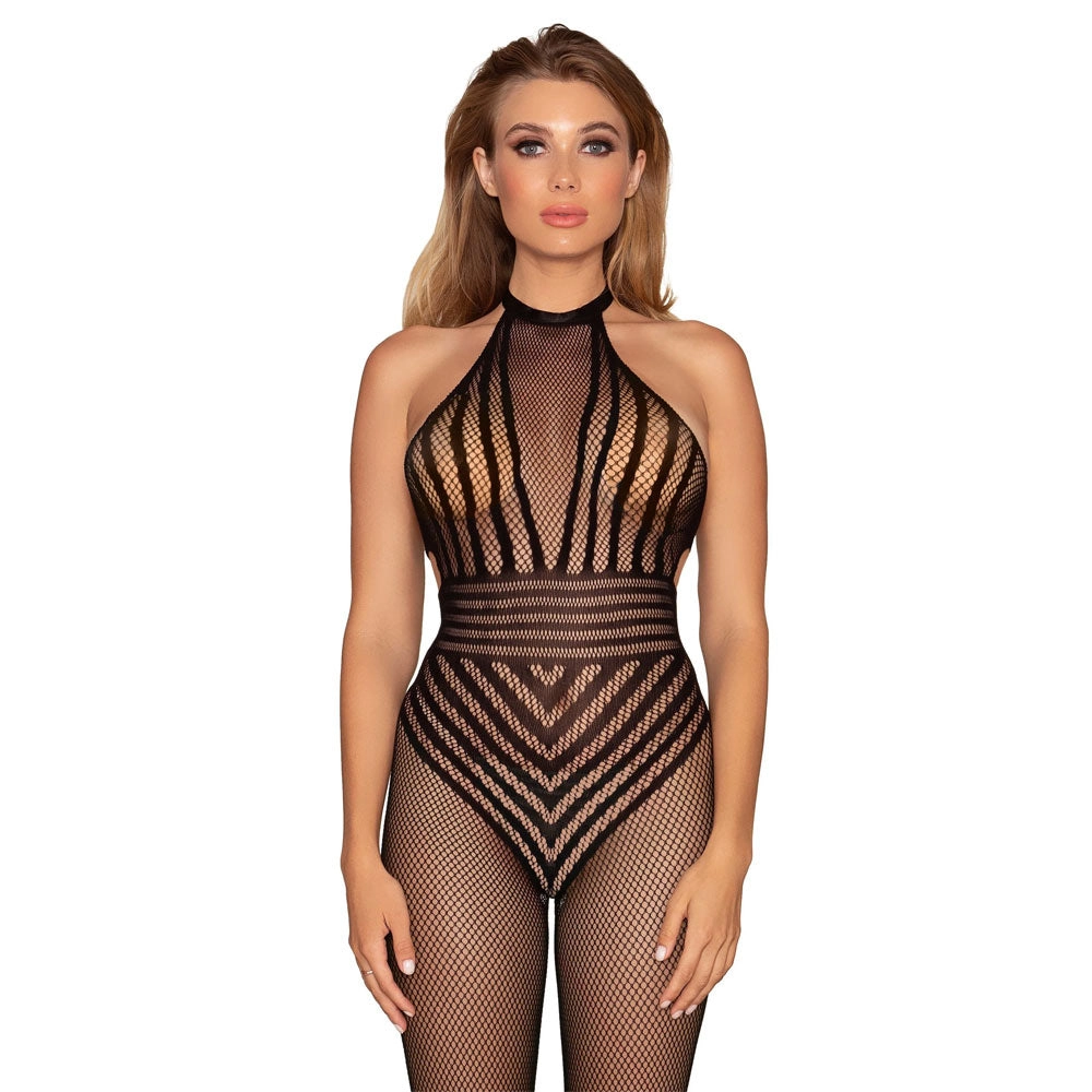 Dreamgirl Lingerie Open Crotch Fishnet Bodystocking with Halter Neck Black 0402