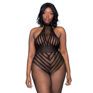 Dreamgirl Lingerie Open Crotch Fishnet Bodystocking with Halter Neck Black 0402X