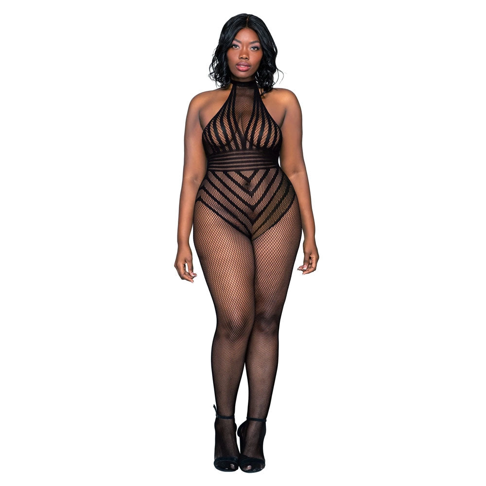 Dreamgirl Lingerie Open Crotch Fishnet Bodystocking with Halter Neck Black 0402X