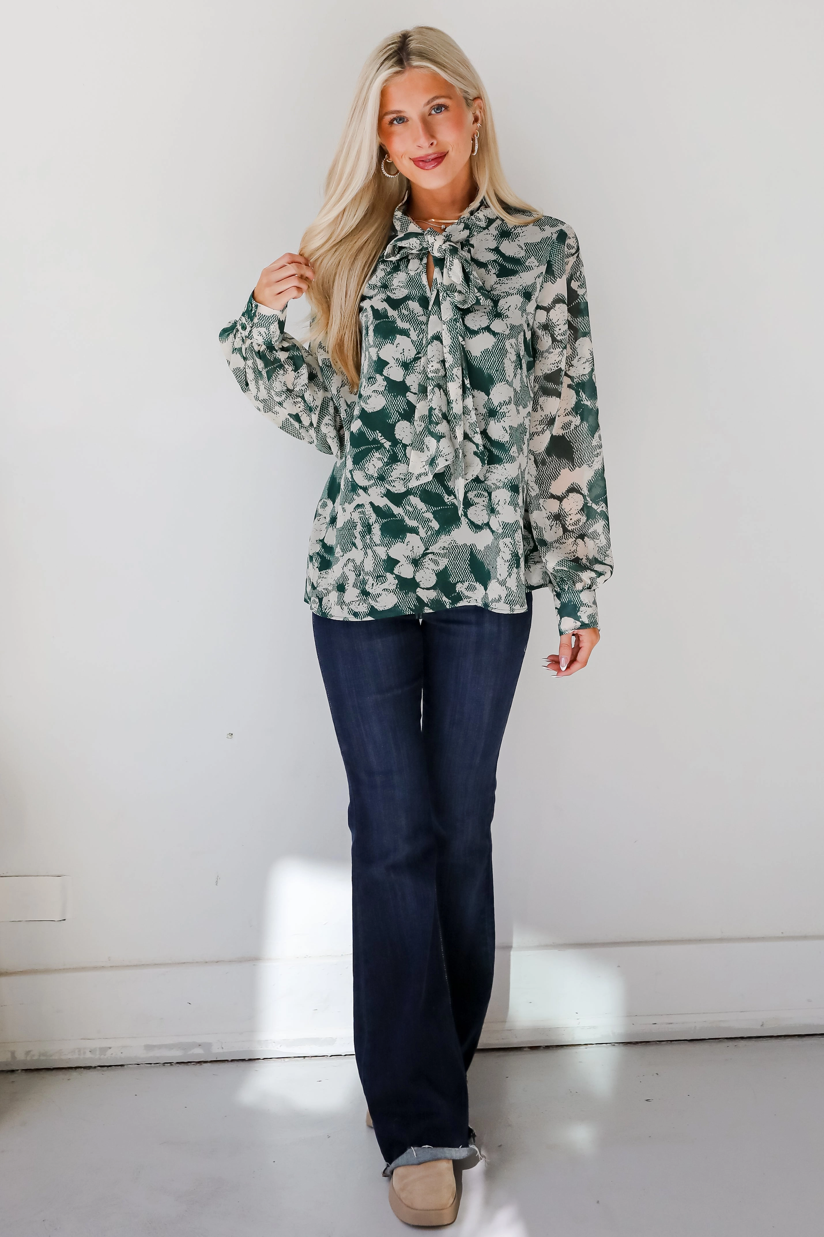 FINAL SALE - Convincing Choice Hunter Green Floral Blouse