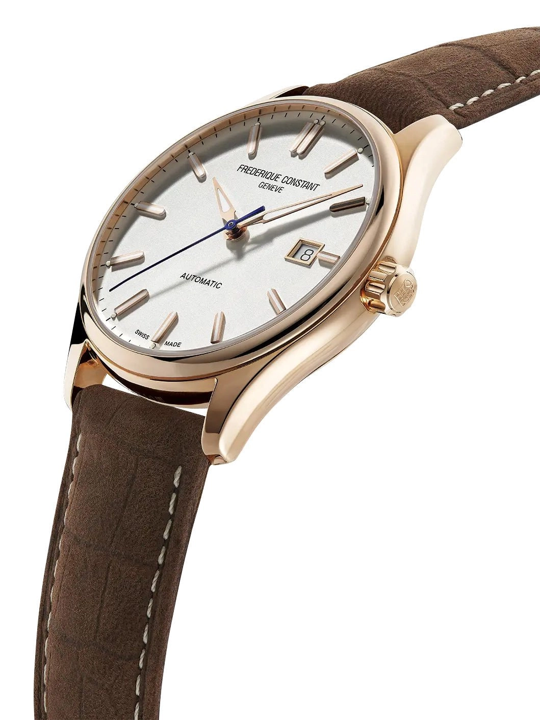 Frederique Constant Classics Index Automatic Rose Gold PVD Silver Dial Brown Leather Strap Date Mens Watch FC-303NV5B4