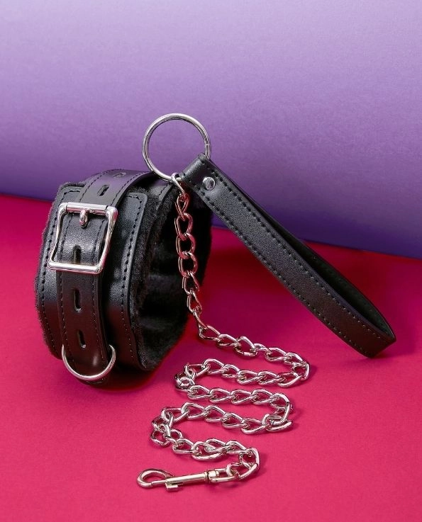 Furry Leather Bondage Collar with Leash Bundle