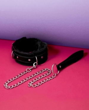 Furry Leather Bondage Collar with Leash Bundle