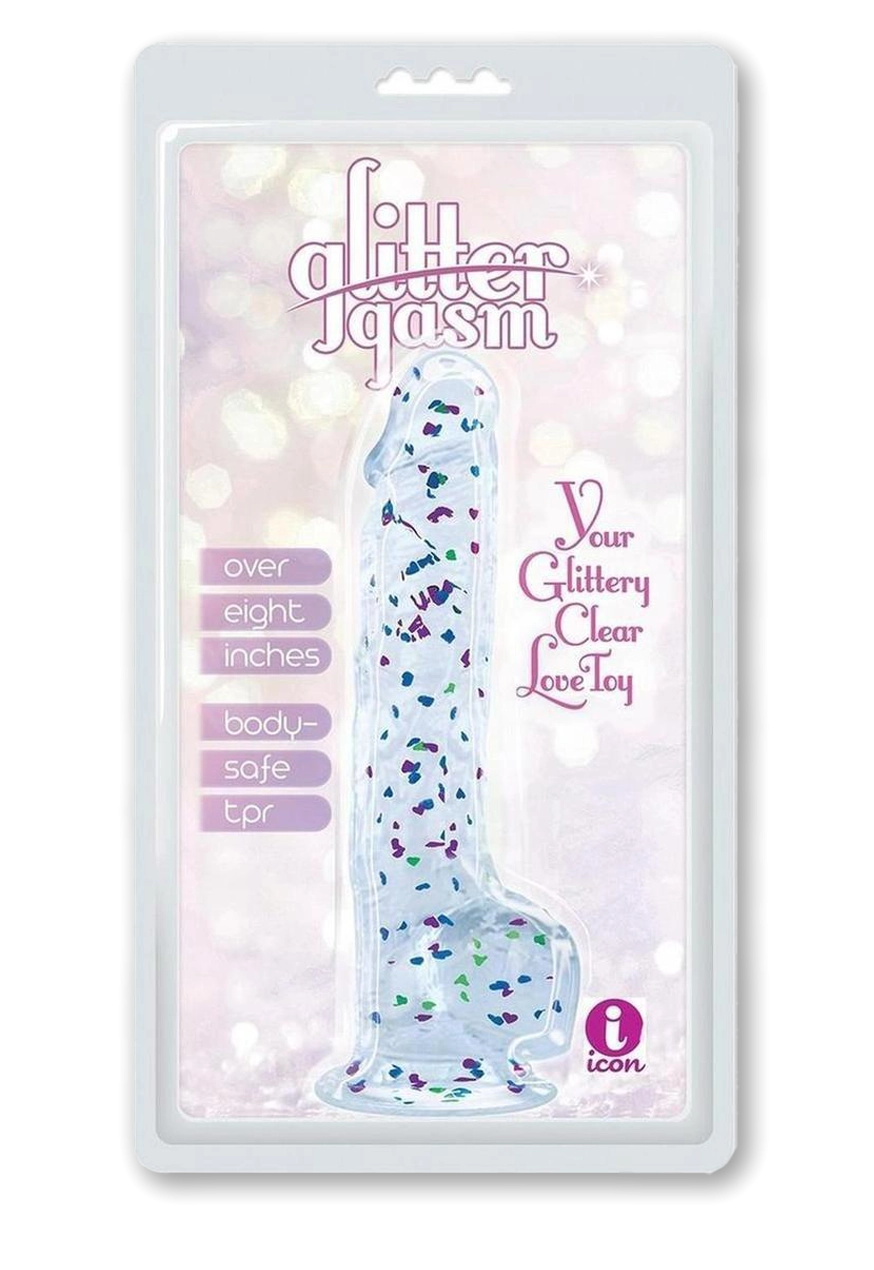 Glittergasm Realistic Clear Dildo with Balls and Suction Cup - Blue/Purple/Violet Glitter