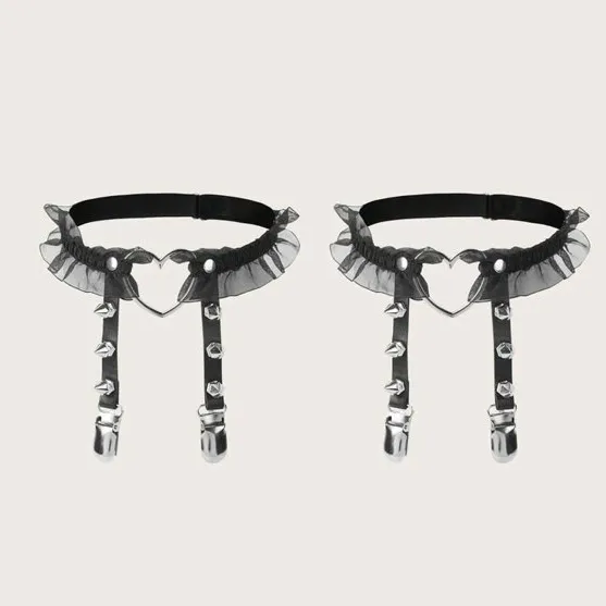 Hearts & Studs Lace Garter Belt (2pcs) One Size