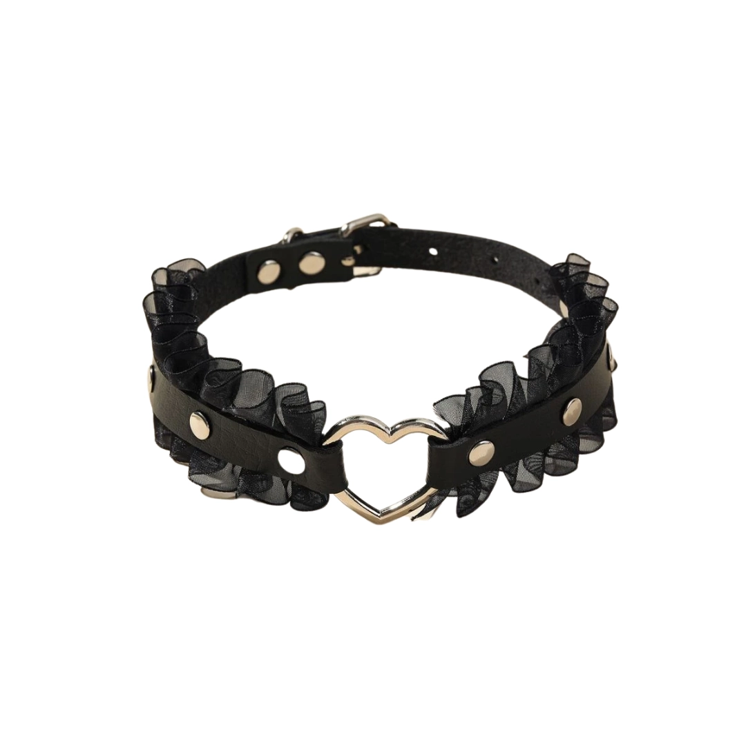 Kinky PU Leather Ruffle Trim Heart Choker