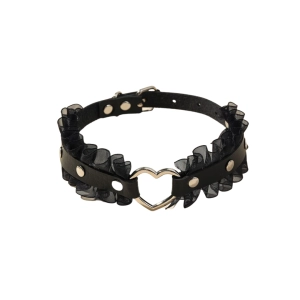 Kinky PU Leather Ruffle Trim Heart Choker