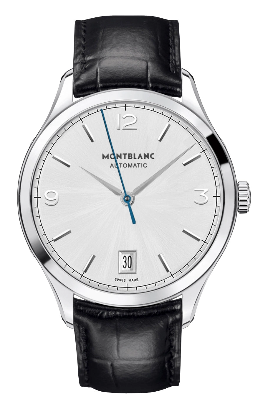 Montblanc Heritage Chronometrie Automatic Stainless Steel Silver Dial Black Leather Strap Date Mens Watch 112533