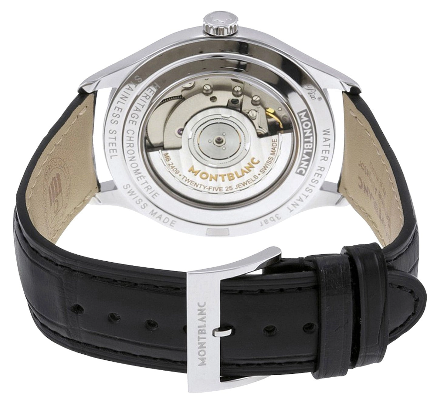 Montblanc Heritage Chronometrie Automatic Stainless Steel Silver Dial Black Leather Strap Date Mens Watch 112533
