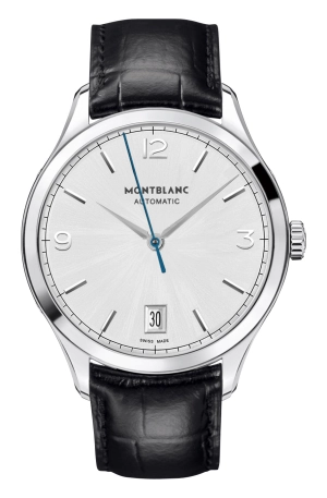Montblanc Heritage Chronometrie Automatic Stainless Steel Silver Dial Black Leather Strap Date Mens Watch 112533