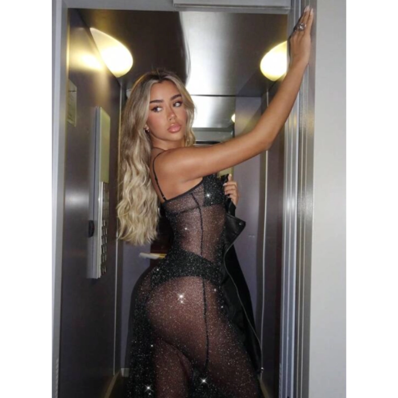 Sparkly Split Thigh Spaghetti Strap Dress